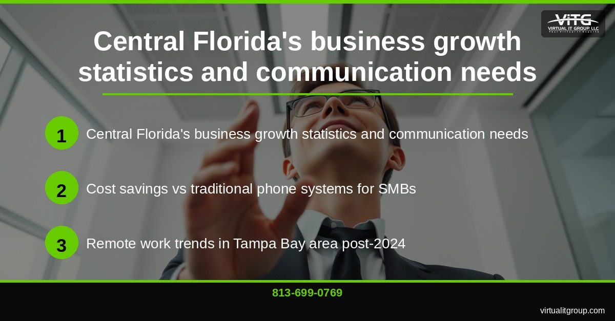 Business owner evaluating VoIP provider options with comparison chart and Central Florida area codes displayed